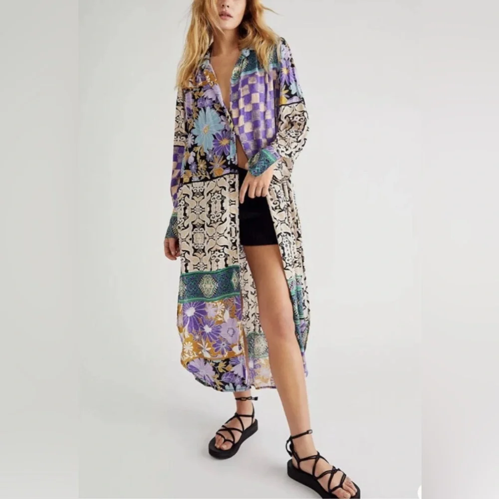 Free People Jackie Boho Maxi Shirt Dress Size Medium - Picture 1 of 15